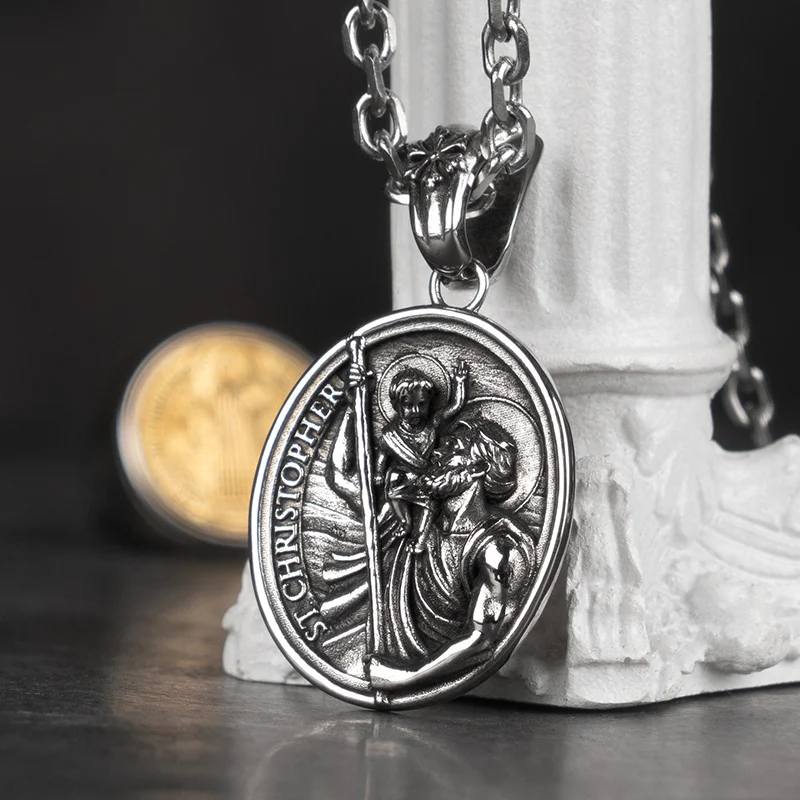 St Christopher Necklace Religious Medal Stainless Steel Chain  for Men Fashion Jewelry Accessories Friends Gifts