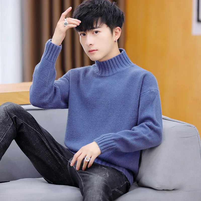 2019 Autumn Casual Men's Sweater Half collar Neck Solid Slim Fit Knittwear Mens Sweaters Pullovers Thick Warm
