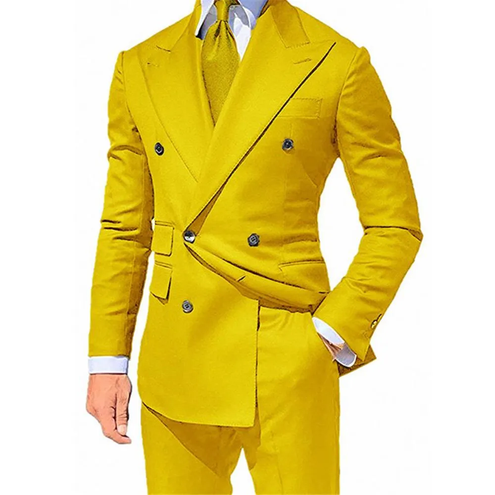 

JELTONEWIN Costume Homme Casual Yellow Wedding Men Suits Double Breasted Party Prom Slim Fit Tuxedo Groom Terno Masculino Blazer