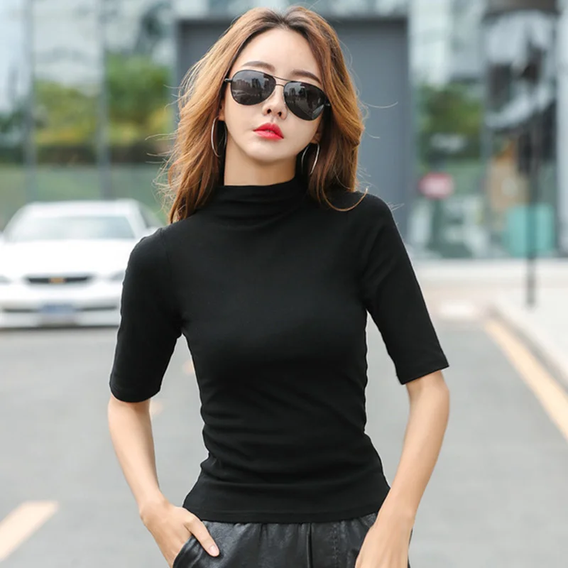 

2024 Brand Womens Half High Collar T-Shirt Mid-sleeved T Shirt For Female Woman Clothing New Thin Tops Womens T-shirts