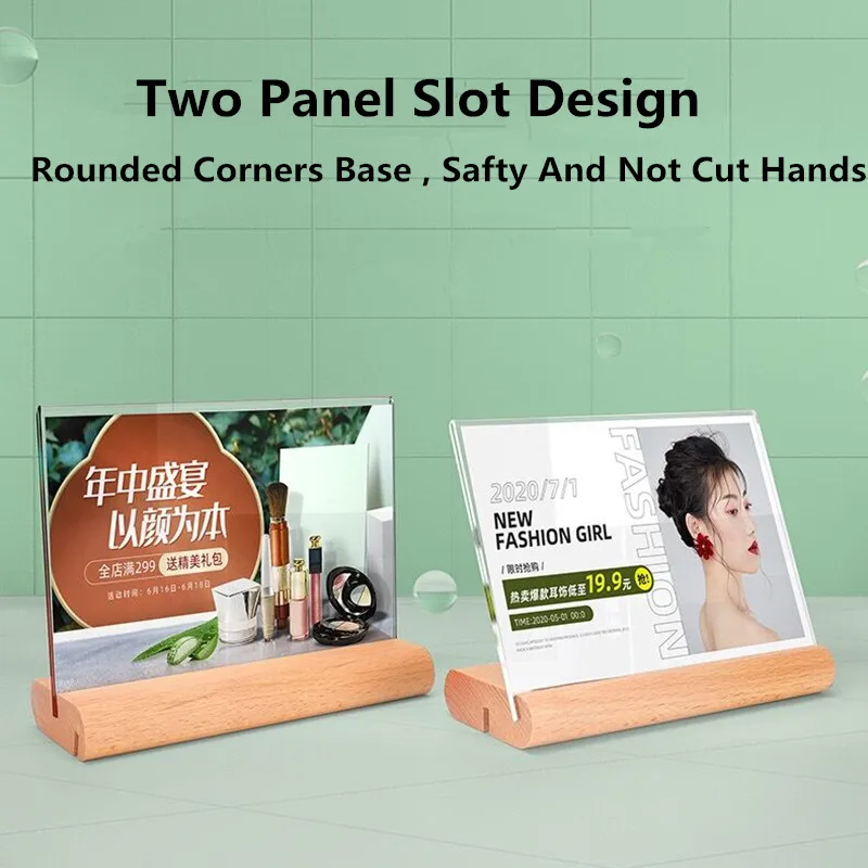 A6 100x150mm T / L Use Wood Base Table Acrylic Sign Holder Display Stand  Restaurant Menu Paper Holder Picture Photo Frame