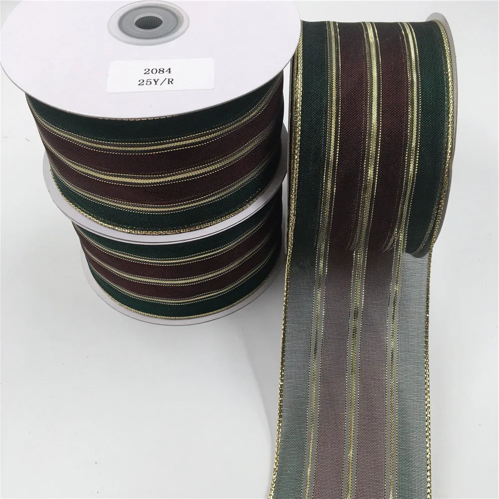 

25YARD 63MM Wired Edge Red/Green Striped Organza Metallic Ribbon for Birthday Decoration Chirstmas Gift DIY Wrapping2-1/2" N2084