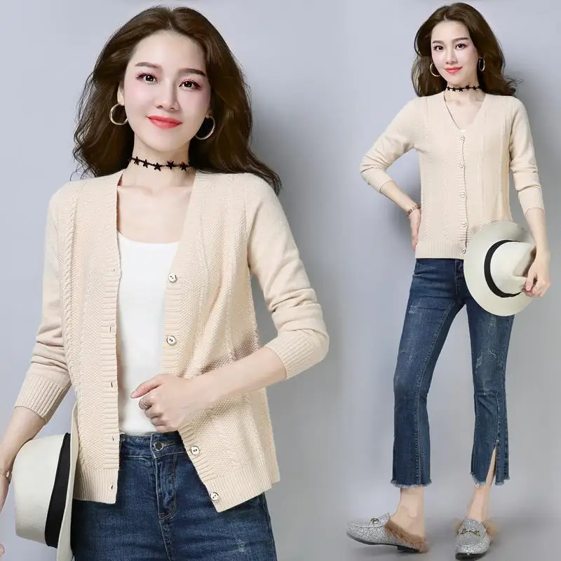 Fashion 2022 Spring Cardigan Women Elegant Solid Single Breasted Knitted Casual Korean Style Tops V Neck Sweater Coat