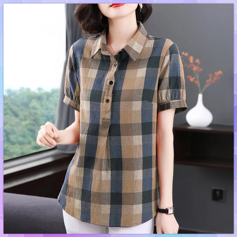 5XL Vintage Plaid Tee Shirt  Short-sleeved Oversized T-shirt Ladies Cotton Tops Summer 2021 Large Size Tshirt Femme Thin Top