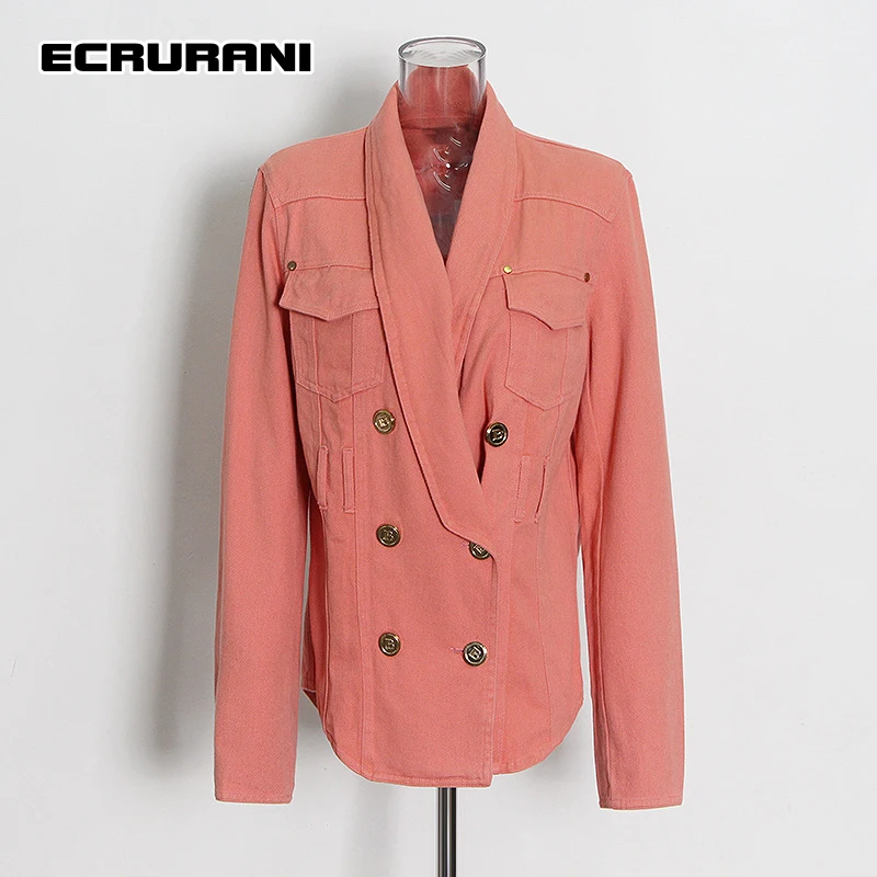 

ECRURANI Elegant Pink Coats For Females Lapel Long Sleeve Lace Up Buttons Loose 2021 Women's Jackets Spring Fashion New Clothing