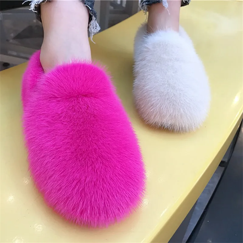 2024 New Real Mink Fur Women Flats Moccasins Winter Warm Shoes Outside Loafers Espadrilles Ladies Thick Sole Flat Fur Shoes