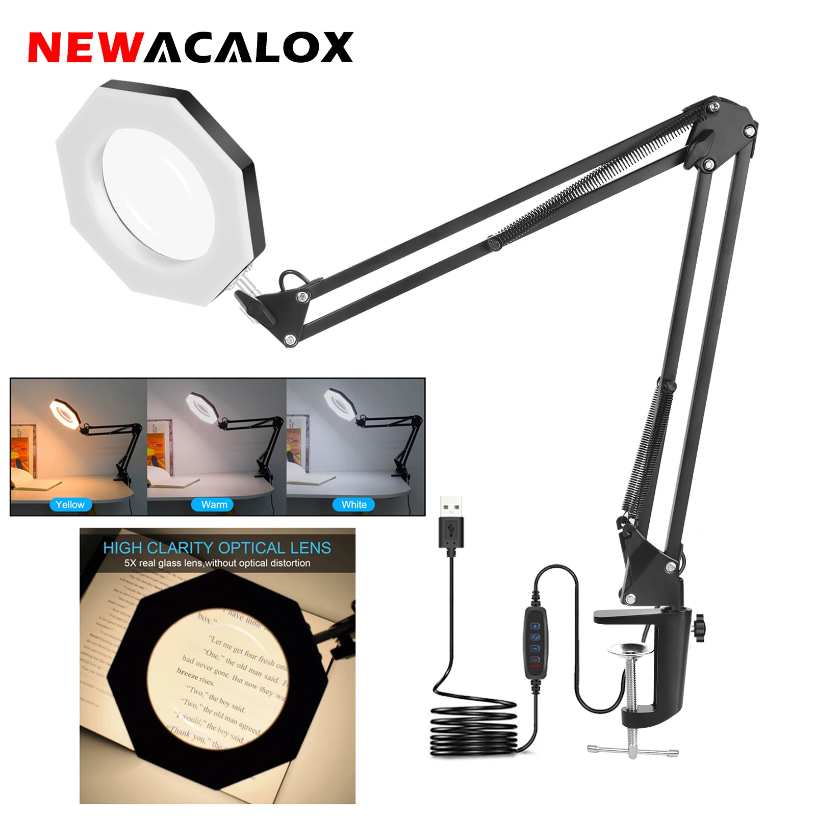 USB 5X Illuminated Magnifier LED Desk Lamp with 3 Colors Dimmable Reading Table Light for Soldeirng Repair Close Work Loupe