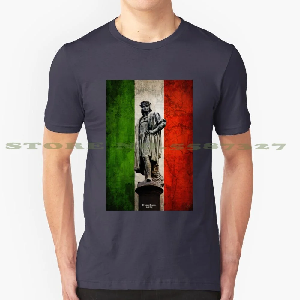 Christopher Columbus Statue With Italian Flag 100% Cotton T-Shirt Christopher Columbus Italian Flag Red White Green Explorer