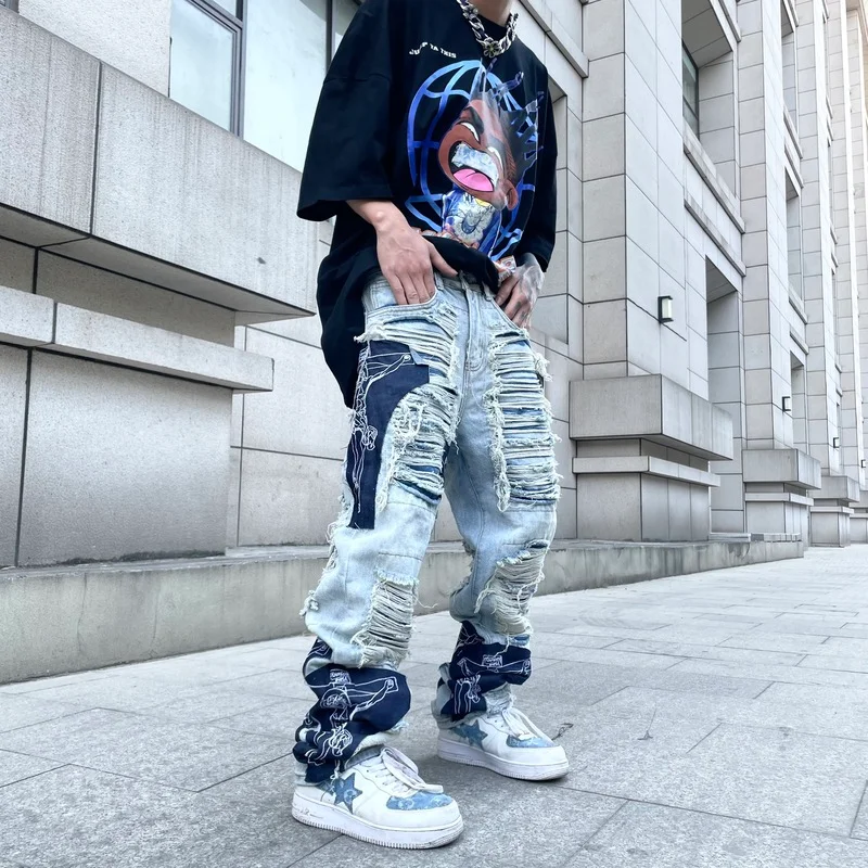 Men High Street Denim Jean Pants Casual Loose Destroyed Ripped Holes Straight Jeans Fashion Patchwork Hip Hop Streetwear Joggers