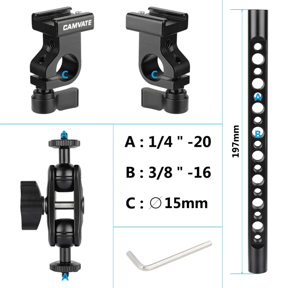 Braccio staffa t-bar CAMVATE con testa a sfera girevole regolabile a 360 ° centrale e supporto 1/4 "montaggio a vite e supporti per pattini freddi a doppia estremità