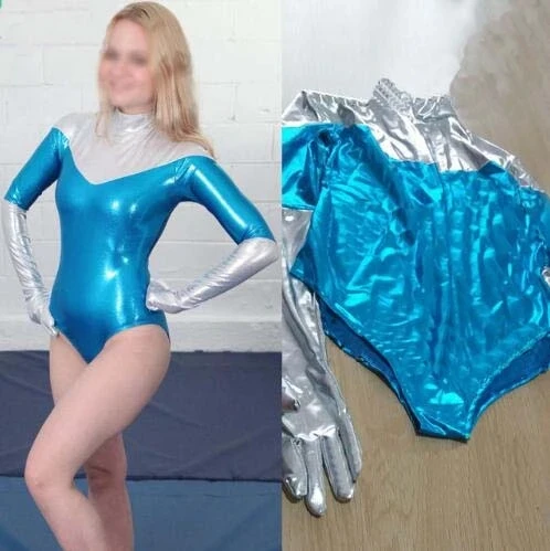 Silver and Blue Sexy Women Shiny Bodysuit Adult Women Halloween Party Cosplay Zentai Catsuit