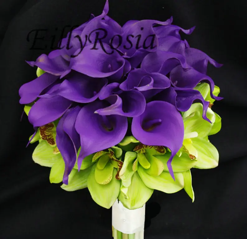 EillyRosia Green and Purple Bridal Bouquet Calla Lilies Galaxy Orchid Silk Ribbon Wedding Flowers Artificial Ramo de La Boda