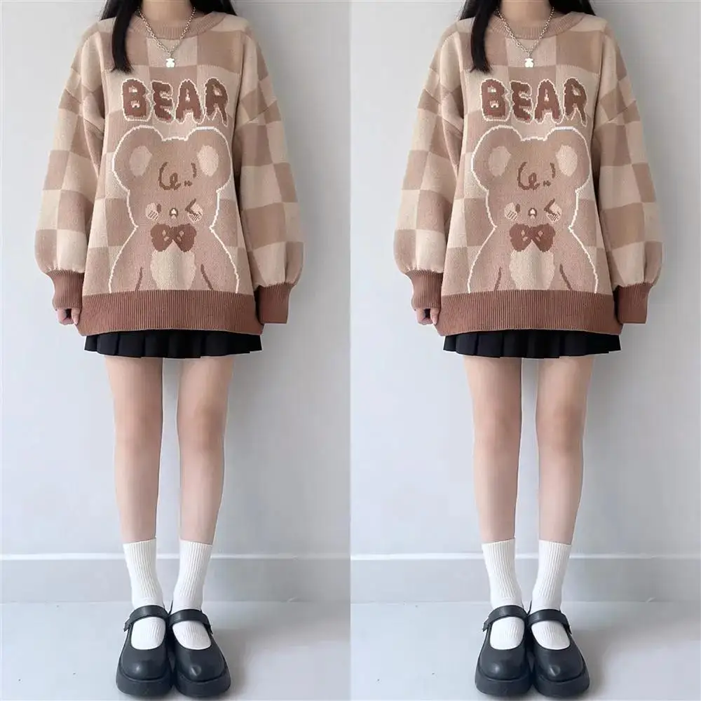 Vintage Light Brown Plaid Bear Cartoon Woman Sweaters Japan Kawaii Winter Tops Harajuku Fashion Teens Clothes Knitted Pullovers