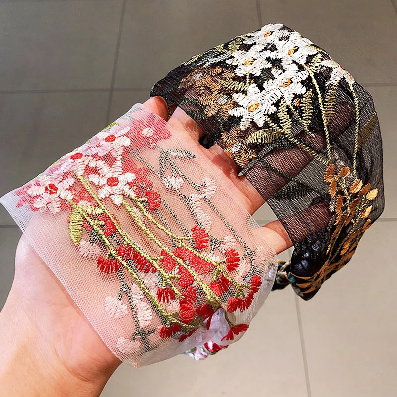 Female Ethnic Hairbands Elastic Embroidery Lace Flower Headband Chiffon Head Wrap Bezel for Women Cross Knotted Hair Accessories