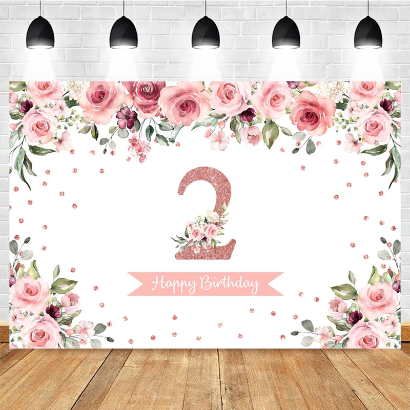 Mocsicka 2nd Birthday Party Photography Background Rose Gold Spots Flowers Decoration Props Newborn Baby Birthday Photo  Banner