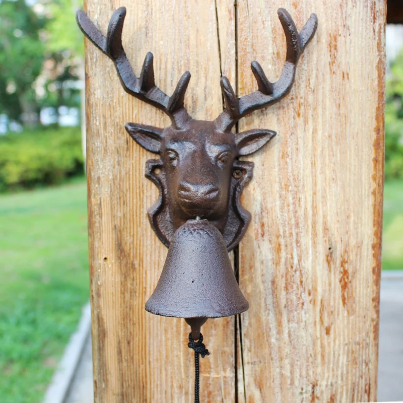 Reindeer Head Cast Iron Hand Cranking Wall Bell American Country Farmhouse Garden Decor Rustic Wall Mounted Welcome Door Bell