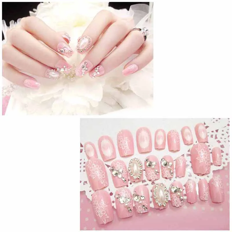 Bride Fashion Shining Rhinestone False Nails Girls Simulation Pearl Finish Fake Nail Pink Color Flower Printing Artificial Nails