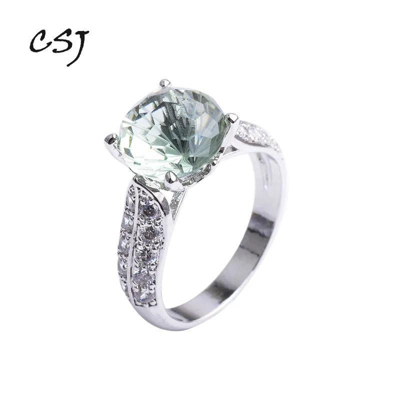 CSJ Green amethyst quartz gemstone classics Ring Sterling 925 Silver Round8.0 4Ct football cut Fine Jewelry For Women Lady Gift