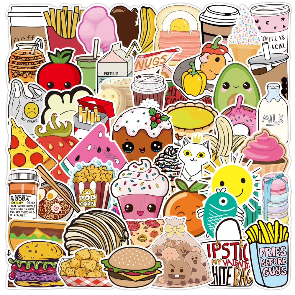 10/30/50/100PCS Mixed Food Cartoon Stickers Graffiti Travel Luggage Guitar Fridge Laptop Waterproof Funny Classic Sticker Decals