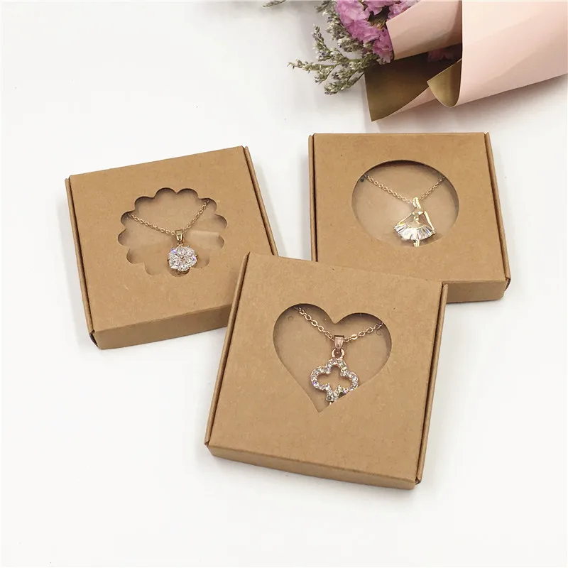 50Sets Kraft Paper Handmade Jewelry Set Packing Displays Boxes Brown Necklace And Earring Gift Boxes 6x6x1cm 6x6x1.5cm