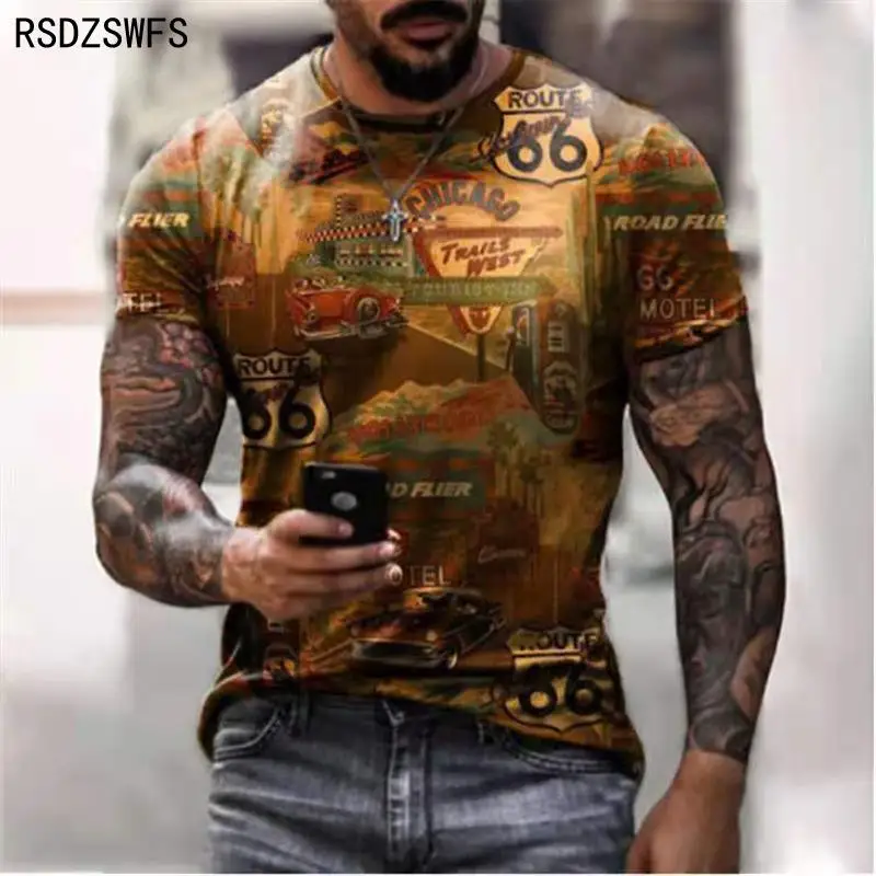 2021 Route 66 American Road T-shirt Summer New Short-sleeved Casual Top O-neck T-shirt Men\'s Oversized Shirt Retro Sweatshirt