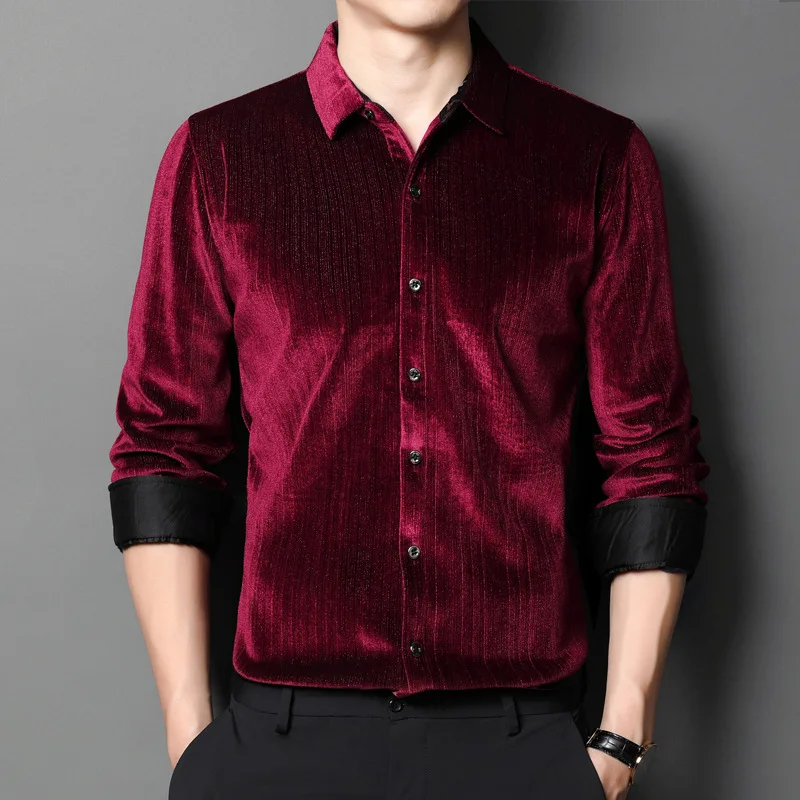 Luxury Retro Winter Red Velvet Dress Shirts For Mens Purple Plush Big Size Blouse Velour Claret Shirts Burgundy Flannel Black