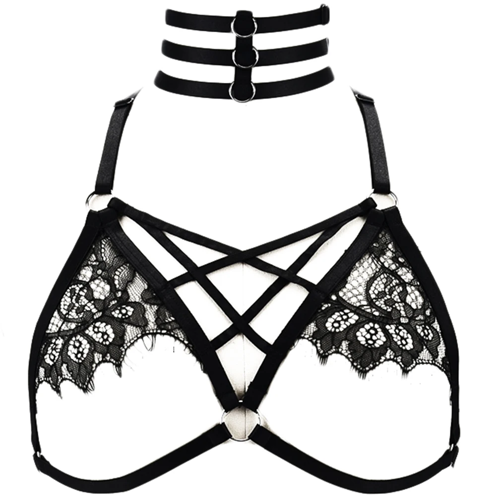 

JLX.HARNESS Lace Sexy Lingerie Bra Black Goth Body Harness Cage Punk Woman Suspender Belt Bondage Harness Lace Bra