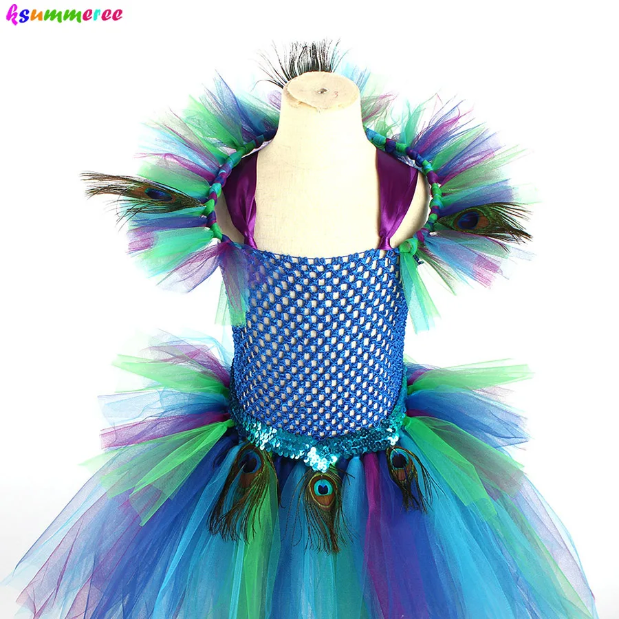 Couture Royal Peacock Girls Tutu Dress with Feather Clip Peacock Bird Carnival Fancy Dress for Kid Halloween Party Purim Costume