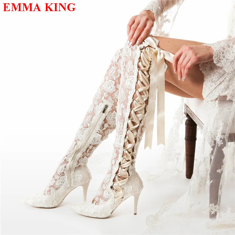 Fashion Black Lace Over The Knee Boots Lace Up Gothic Thigh High Boots High Heels Long Bridal Boots Pointed White Wedding Boots