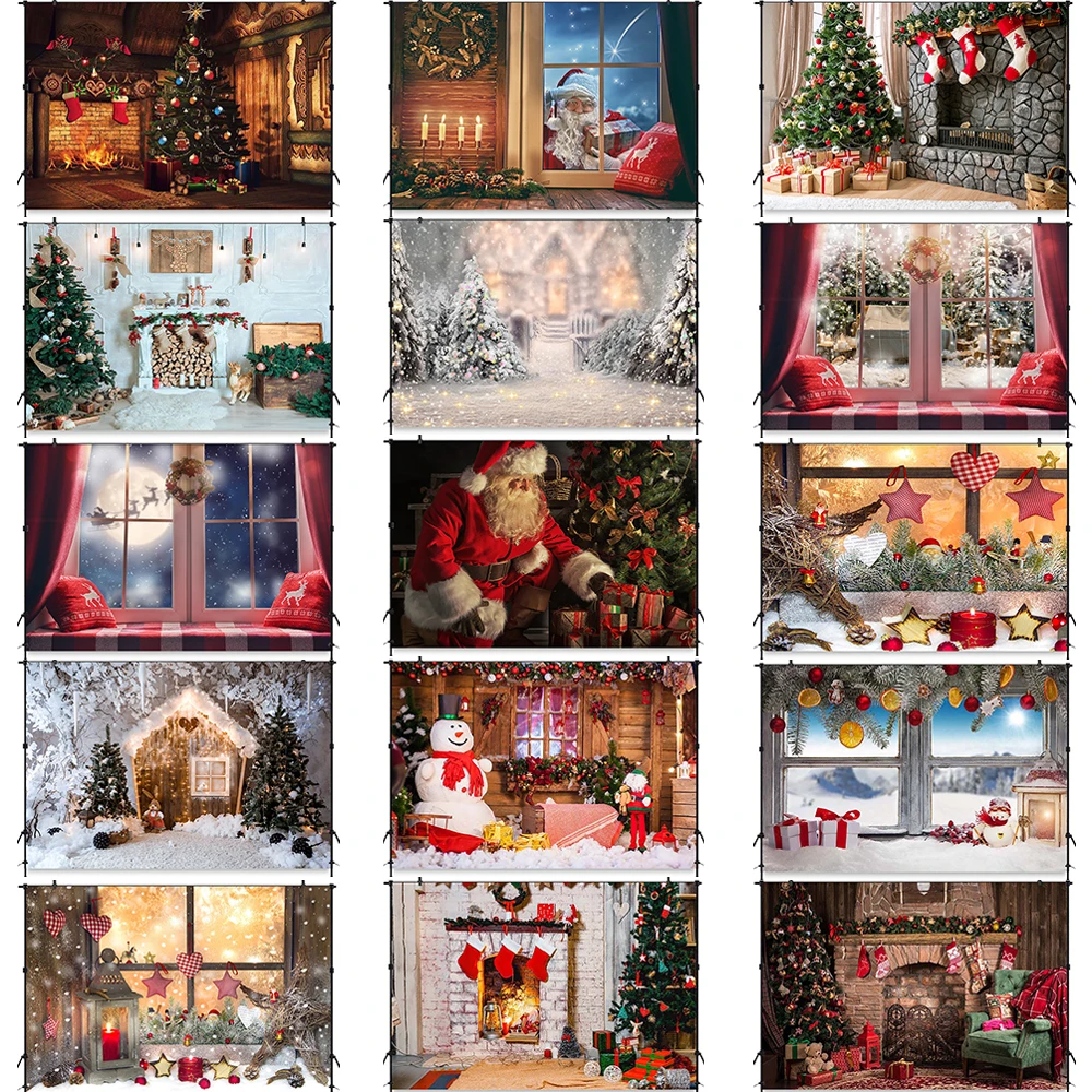 Christmas Backdrops Family Party Winter Snow Tree Santa Wood Floor Glitter Backgrounds Fireplace Gift Photocall For Photo Studio