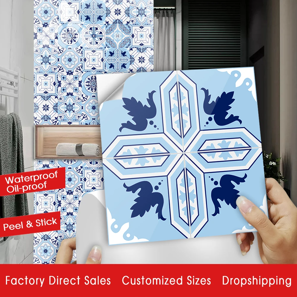 10pcs/set Light Blue Floral Ornament Arabesque Wall Sticker Kitchen Bathroom Ceramics Wall Decals Tiles Floor Ground Art Mural