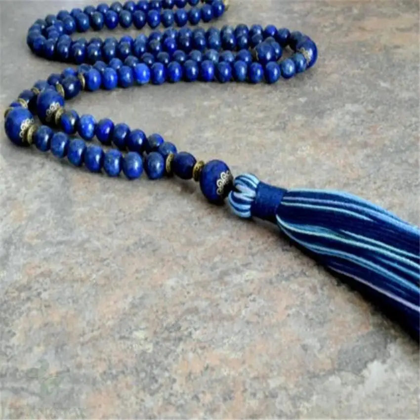 

6mm Lapis lazuli Gemstone 108 Beads Tassels Mala Necklace pray Wrist natural MONK Bless energy Lucky Handmade yoga Healing cuff