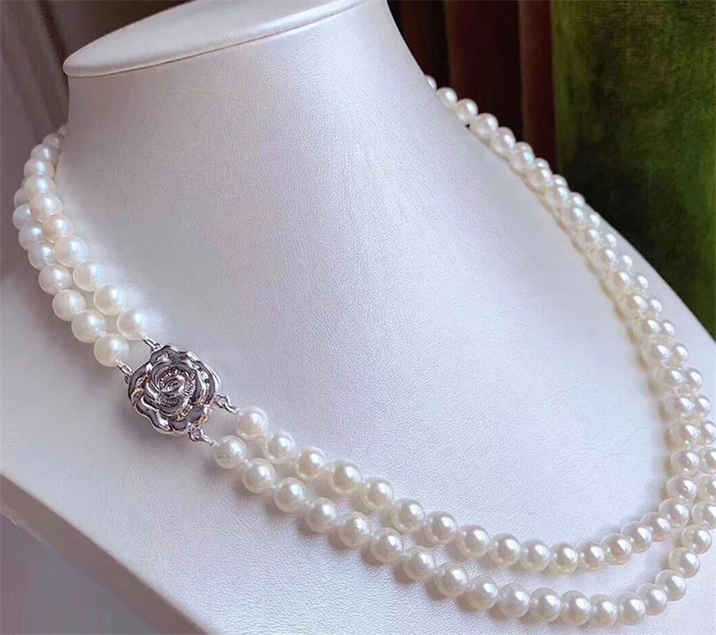 

HABITOO Stunning 2 Strands Natural 7-8mm White Freshwater Cultured Pearl Necklace 18-19 Inch 925 Sterling Silver Rose Clasp