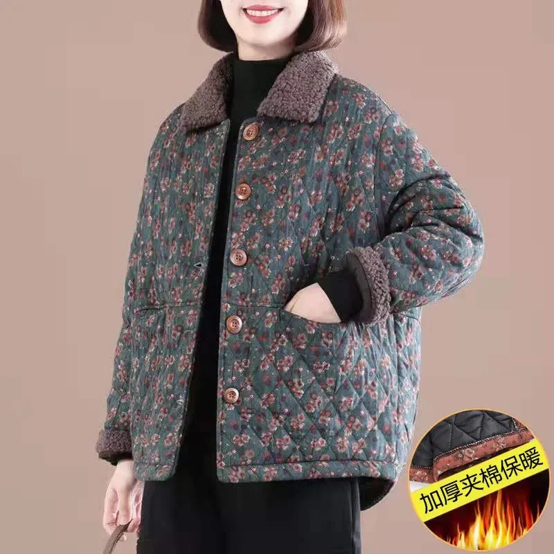 Female Autumn Winter Loose Short Cotton-padded Jacket Women Floral Coat Cotton-padded Jacket Middle-aged Cotton Linen Jacket A21