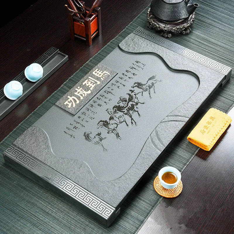 handmade tea tray horse print success symbol weighted heavy black stone tea table for Chinese kungfu tea set L68cm serving trays