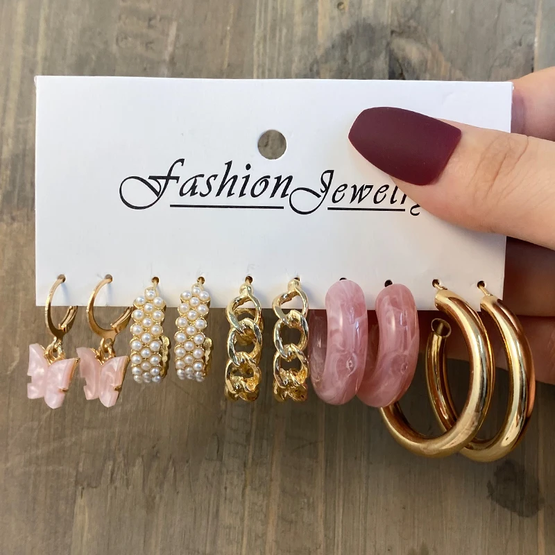 Trendy Earring Set 9 Pairs For Women Girls Y2K Resin Butterfly Heart Pearl Dangle Elegant Wedding Party Bohemian Jewelry