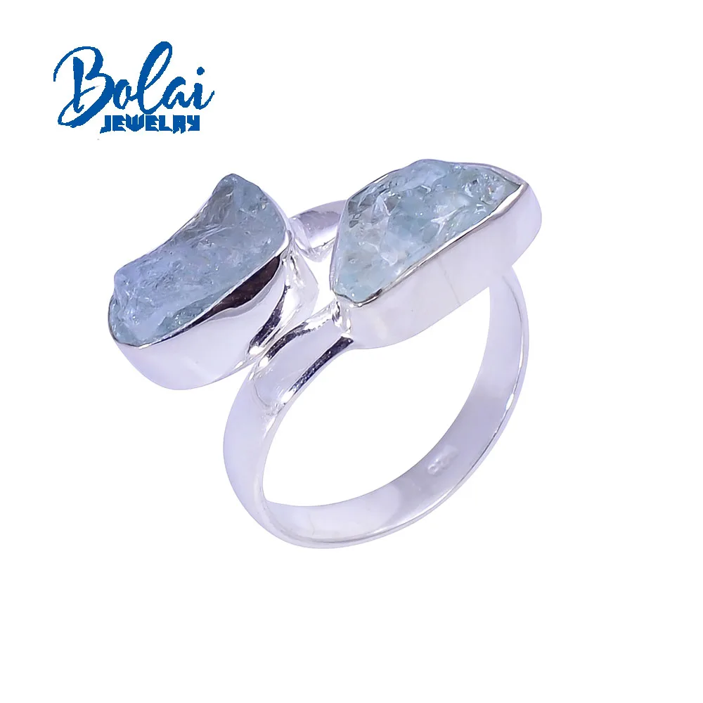 Bolaijewelry Handmade Natural aquamarine original rough ring unique original design 925 sterling silver women's fashion jewelry