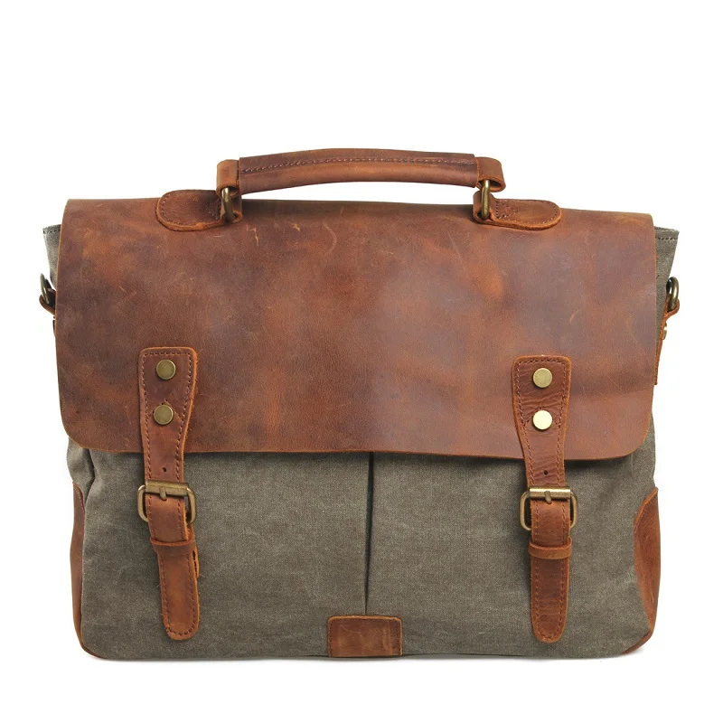 Men's Canvas Leather Briefcase Bag Handbag Vintage Casual Shoulder Messenger Bag Satchel Large Quality Business Laptop Bag 14"