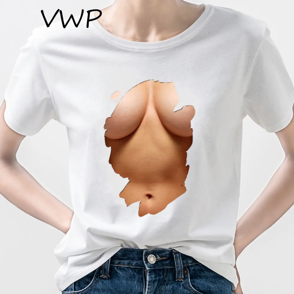 Big Boobs Stomach Women T-shirts Funny Print Punk Clothes Muscles Graphic Black Tees Aesthetic Y2k Tops Female T Shirt Camiseta