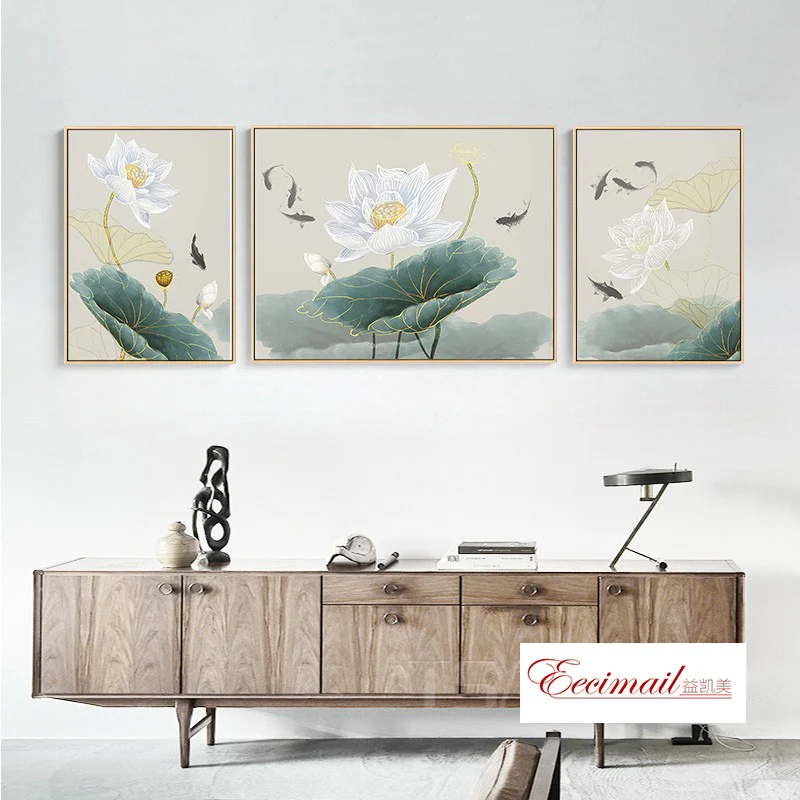 EECAMAIL Modern Chinese Style DIY Diamond Painting Full Diamond Triple Painting Lotus Flower Point-drilling Painting No Frame