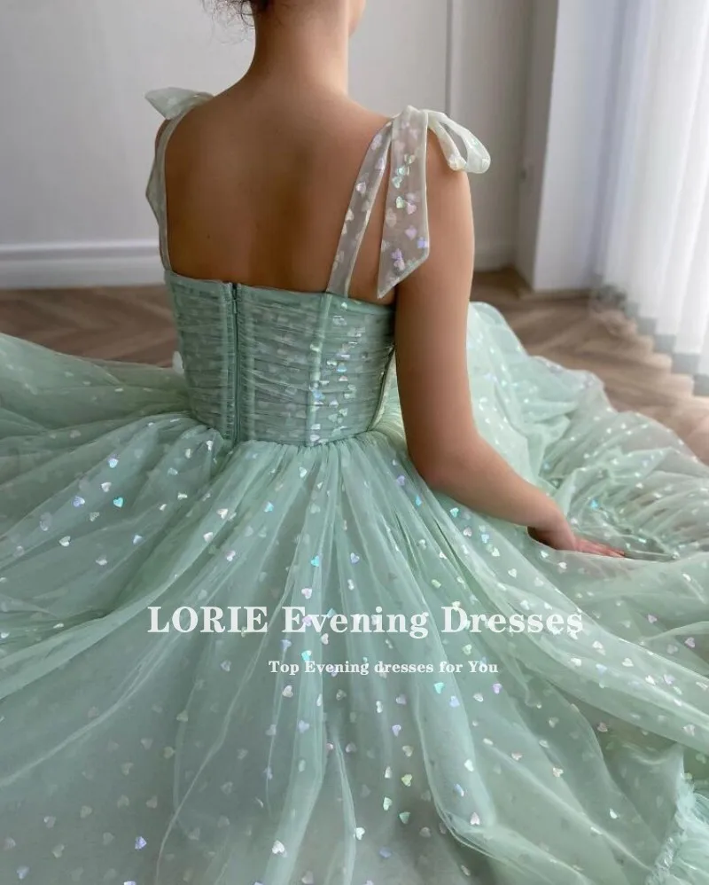 LORIE Glitter Prom Dresses Mint Green Adjustable Straps Shiny Love Tulle Tea Length Arabic Wedding Party Graduation Dress 2024