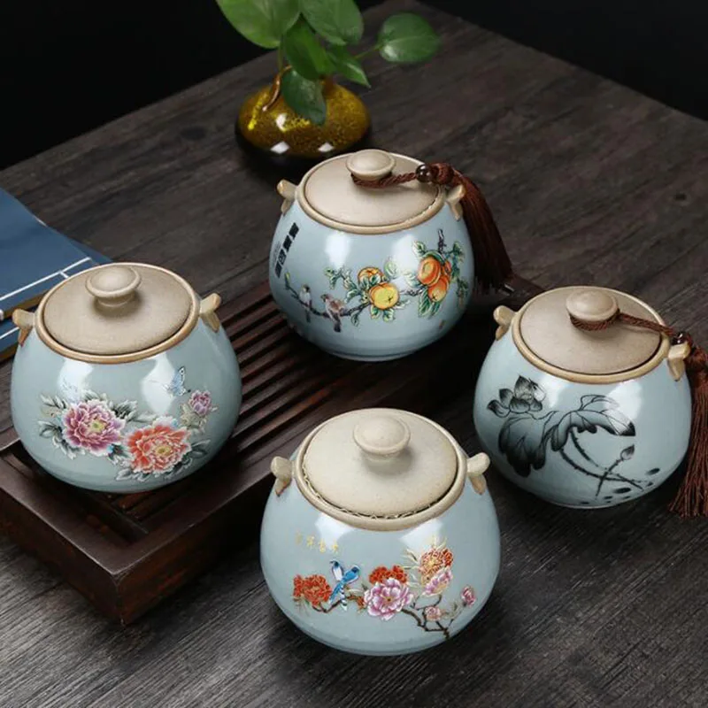 

Creative Earthenware Pot Big Size Tea Caddy Flower Pattern Decorated Tea Canister Sealed Storage Jar Kitchen Teaware