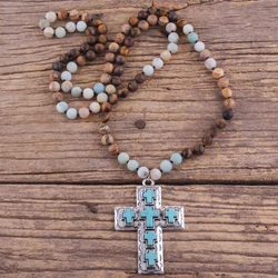 RH Fashion Bohemian Jewelry Accessory Multi Natural Stones Knotted Metal Blue Cross Necklace Women Boho Gift Dropship