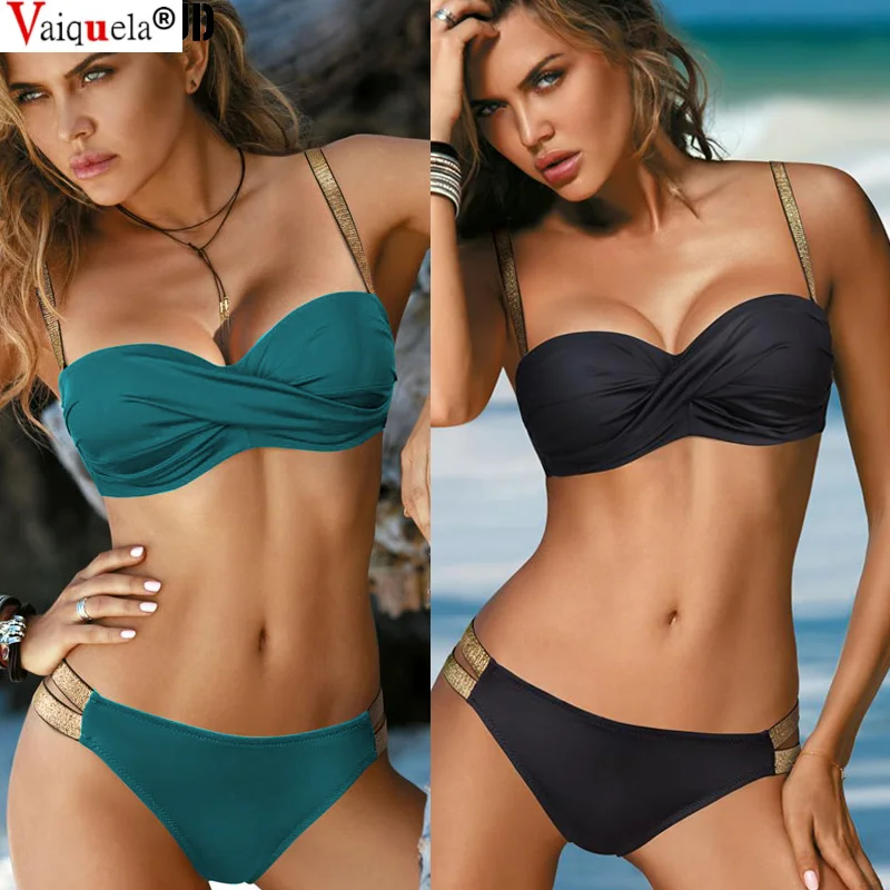 Bikini con Push-Up para mujer, traje De baño liso con volantes, bañador Sexy, ropa De baño para mujer 2021