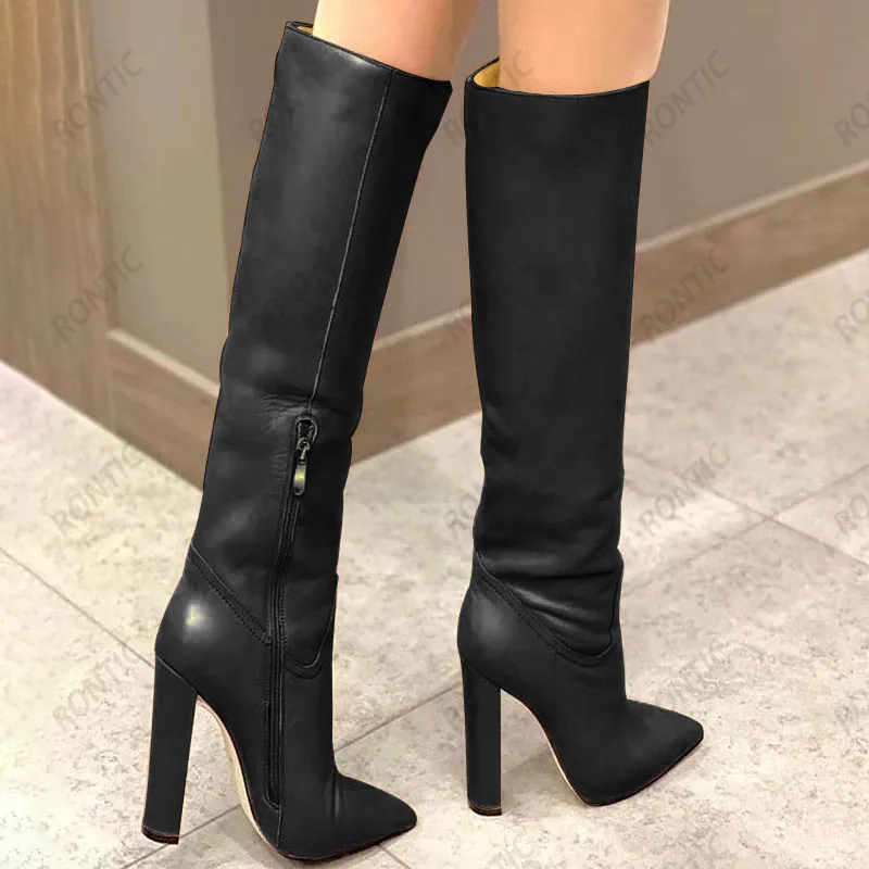 Rontic Handmade Women Winter Knee Boots Side Zipper Matt Chunky Heels Pointed Toe Fabulous Nude Party Shoes US Size 5-15