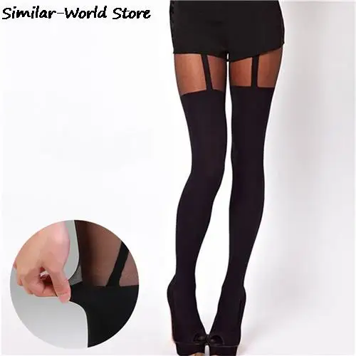 1pair fashion Female Sexy Black Fake Garter Belt Suspender Tights Over The Knee Hosiery Stocking One Size