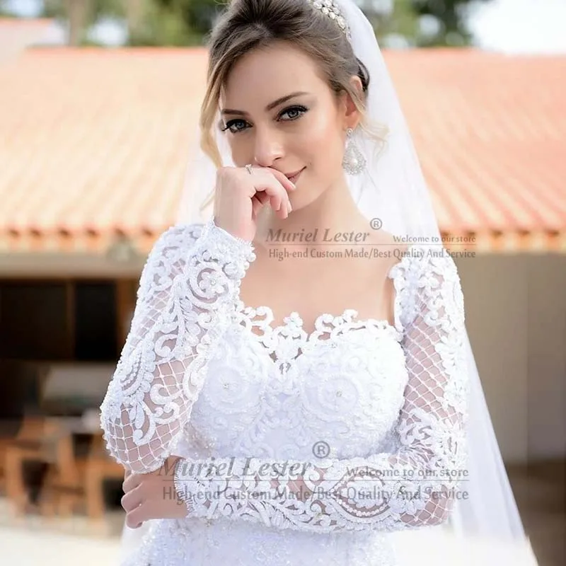 Sparkly Beading Stones A Line Wedding Dresses For Bride O Neck Long Sleeves Bridal Gowns Customized Lady Dress Vestido De Novias