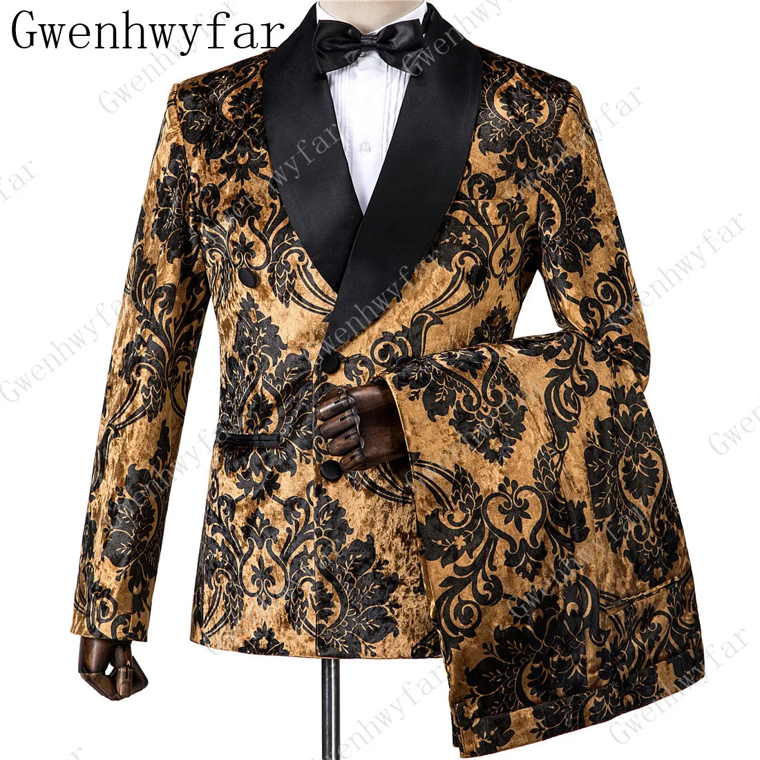 

2025 Black with Gold Jacquard Symmetrical Royal Jacquard Classic Velvet Suit Set Business Suits for Men 2019 (Jacket+Pants+Vest)