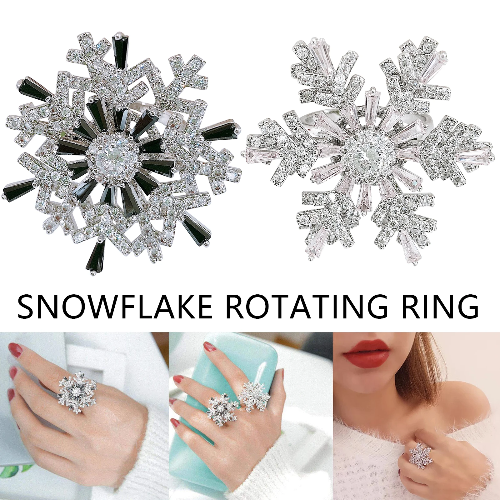 Wholesale Elegant Rotating Crystal Ring Shiny Multiple Snowflake Shape Ring Christmas Gift For Women NOV99