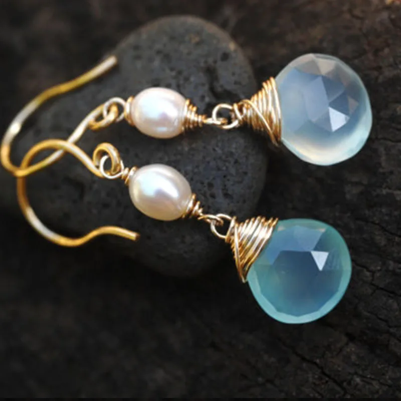 Aqua Chalcedony and petite pearl dangle earrings  Glowing AMAZING natural gemstones earrings